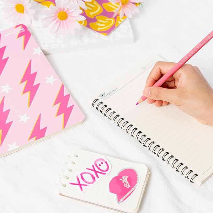 L1rabe 2 A5 Preppy Spiral Notebooks for Teens Girls Spring Back to School Y2K Hardbound Journal for College Student Happy Smile Hardcover Notebooks, Easter Gifts Pink Notepad Diary for School Supplies