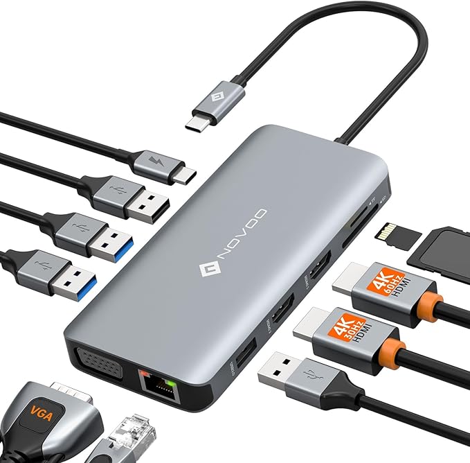 USB C Docking Station Dual HDMI Adapter, 11 in 1 Multi Display Docking Station Dual Monitor with 2 HDMI, VGA, 100W PD, 4 USB, USB C Hub Multiport Dongle Compatible with MacBook/Dell/HP/Lenovo Laptops