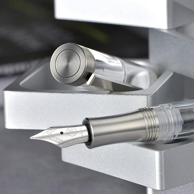 Asvine V200 Titanium Fountain Pen Vacuum Filling, Iridium Medium Nib Clear Transparent Acrylic Smooth Writing Pen Case Set