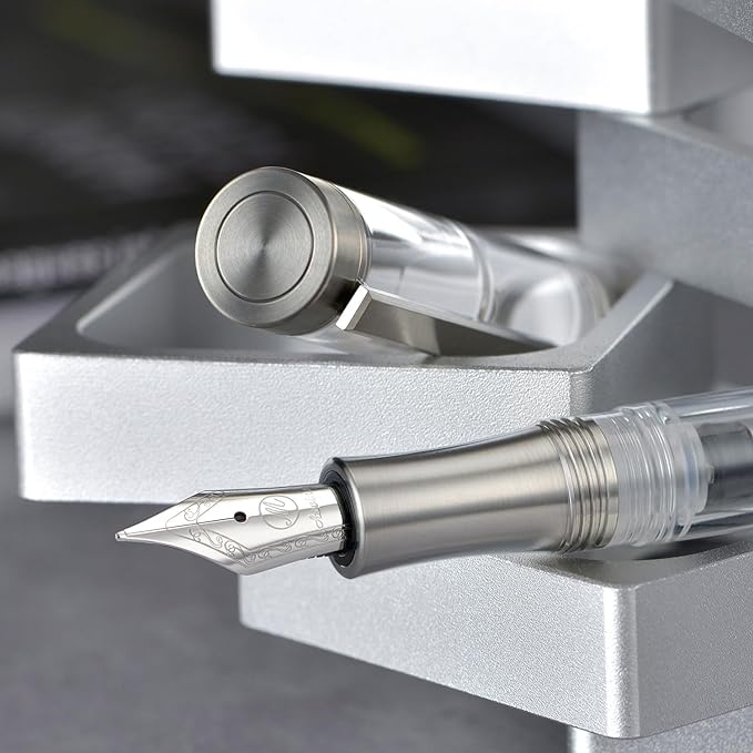 Asvine Vacuum Filling Fountain Pen Luxury Titanium Fine Point Pen V200 Series, Clear Demonstrator Smooth Writing Pen Gift Case
