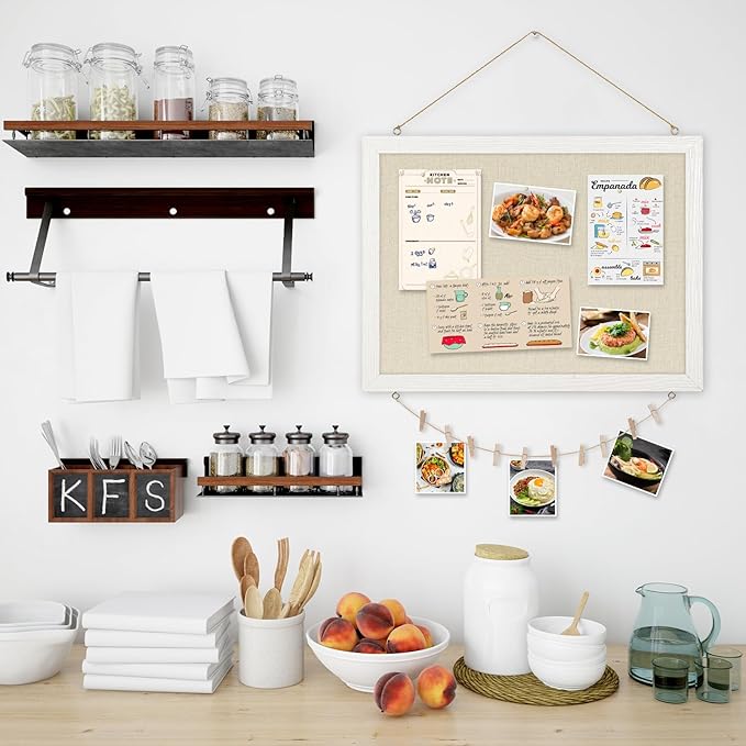 DOLLAR BOSS Bulletin Boards with Linen 1-Pack 16''X 12'' Double-Sided Cork Board for Walls Wood Framed Bulletin Boards, Small Pin Board for Home Kitchen Office Decorative Hanging 10 Pushpins