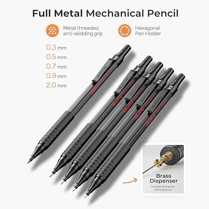 Nicpro 33PCS Black Metal Mechanical Pencil Set in Leather Case, Art Drafting Pencil 0.3, 0.5, 0.7, 0.9 mm, 2mm Lead Holders for Sketching Drawing with 18 Tube (6B 4B 2B HB 2H 4H Colors) Lead Refills