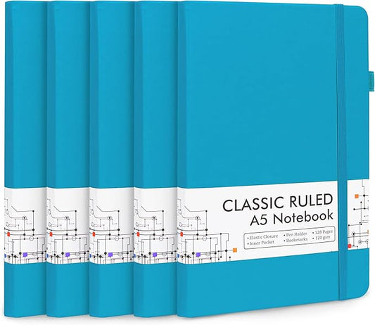 5 Pack Journal Notebook Bulk for School, Feela Hardcover Business Notebooks Classic Ruled Lined Journals with Pen Holder for Work Note Taking, with 5 Black Pens, 120 GSM, 5.1”x8.3”, A5, Teal