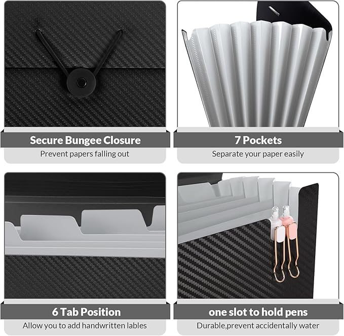 SKYDUE Expanding File Folder with 7 Pockets, Accordion File Organizer, Folders for Documents,Portable Receipt Paper Organizer,Letter Size Filing Folder School Office Supplies,Black