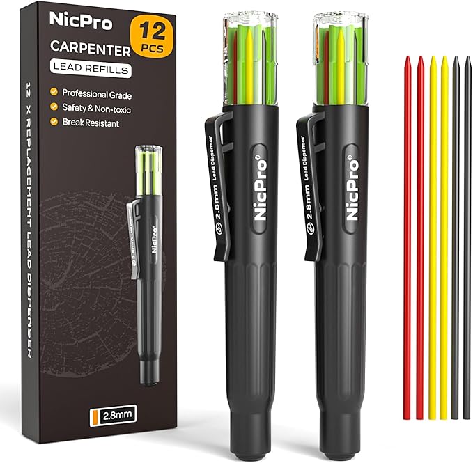 Nicpro 12 Pcs Carpenter Pencil 2.8mm Lead Refills, Replacement Lead Dispenser (including 4x Black, Red, Yellow), Break Resistant 2.8 mm Leads for Construction Pencils, Woodworking Pencils