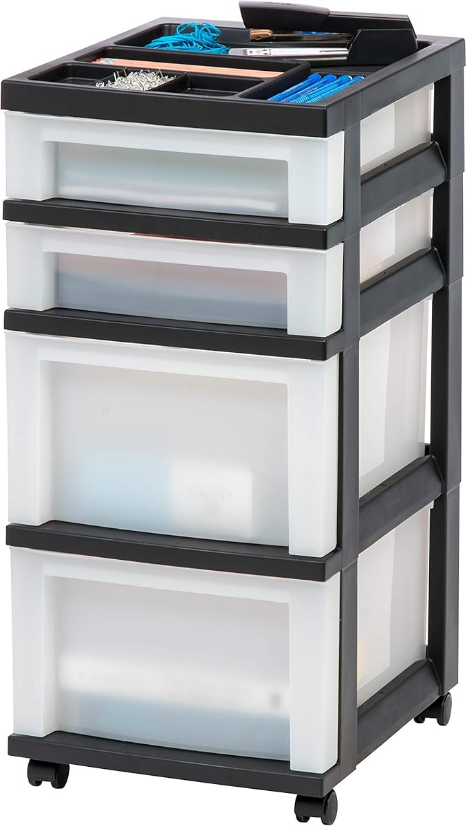 IRIS USA Plastic Drawer Storage Organizer Rolling Cart, with Wheels Casters, 4-Drawers, for Classroom Art Craft Supplies Dresser Closet Bathroom Bedroom, Top Organizer for Small Parts, Black/Pearl