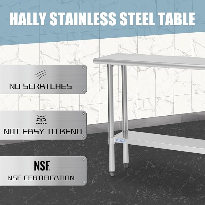 Hally Stainless Steel Table for Prep & Work 14 x 60 Inches, NSF Commercial Heavy Duty Table with Undershelf and Galvanized Legs for Restaurant, Home and Hotel