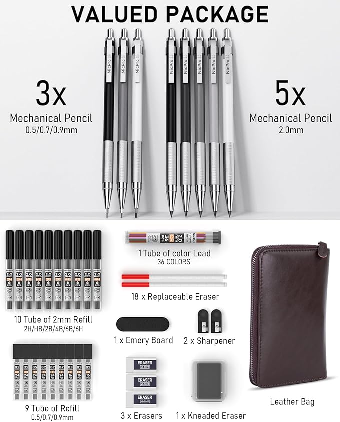 Nicpro 38PCS Art Mechanical Pencils Set in Leather Case, 3 PCS Metal Drafting Pencil 0.5, 0.7, 0.9 mm & 5 PCS 2mm Lead Holder (6B 4B 2B HB 2H 4H Colors) For Sketching Drawing With 20 Tube Lead Refills