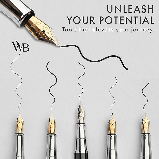 Wordsworth & Black Fountain Pen Gift Set, Includes Ink Bottle, 6 Ink Cartridges & A Refill Converter, 4 Replacement Nibs, Premium Package, Journaling, Calligraphy, Smooth Writing Pens [Black Chrome]