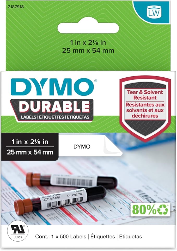 DYMO LabelWriter Durable Laboratory and Medical Labels, 25 mm x 54 mm, 500 Labels