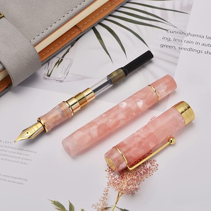 Jinhao 100 Fountain Pen Celluloid Classic Style, #6 Nib Smooth Writing Instrument with Refillable Converter and Pen Case Set