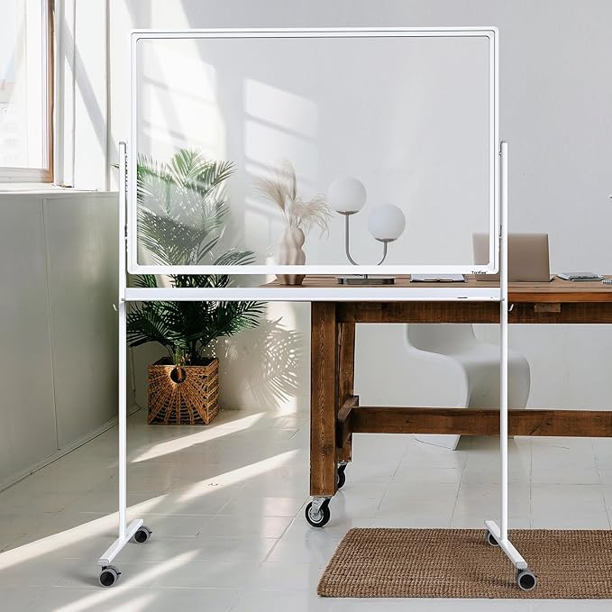 Mobile Clear Glass Whiteboard, TANKEE 48" X 32" Standing White Board on Wheels, Large Rolling Dry Erase Board with Stand, Transparent Tempered Glass Board with Paper Pad, Great for Office Home School