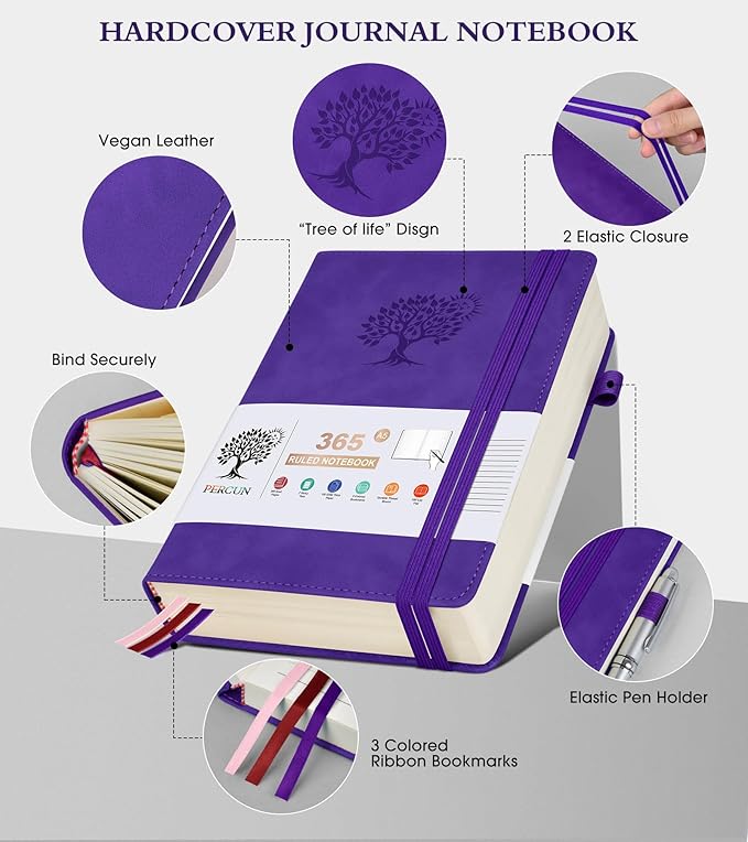 A5 Lined Journal Notebook - 365 Page Leather Journals for Writing Women & Men，Hardcover Notebook with 100Gsm Thick Pages，Daily Diary for Travel, Work，School，Note Taking，College Ruled (5.9" x 8.5")