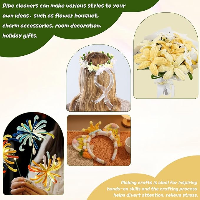 400 Pcs Pipe Cleaners Craft Set，4 Colors Chenille Stems Bulk with Floral Wires, Gardening Tape,Hot Glue Stick,Greeting Card,Bouquet Paper, Stamen & Ribbon, Flowers Craft kit for DIY Handmade Bouquet