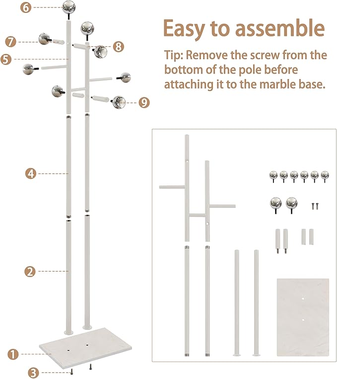 Free Standing Coat Rack with Marble Base & 8 Steel Hooks Clothes Rack for Entryway Bedroom Living Room Hotel 14.96 x 10.24 x 68.9 Inches (White)