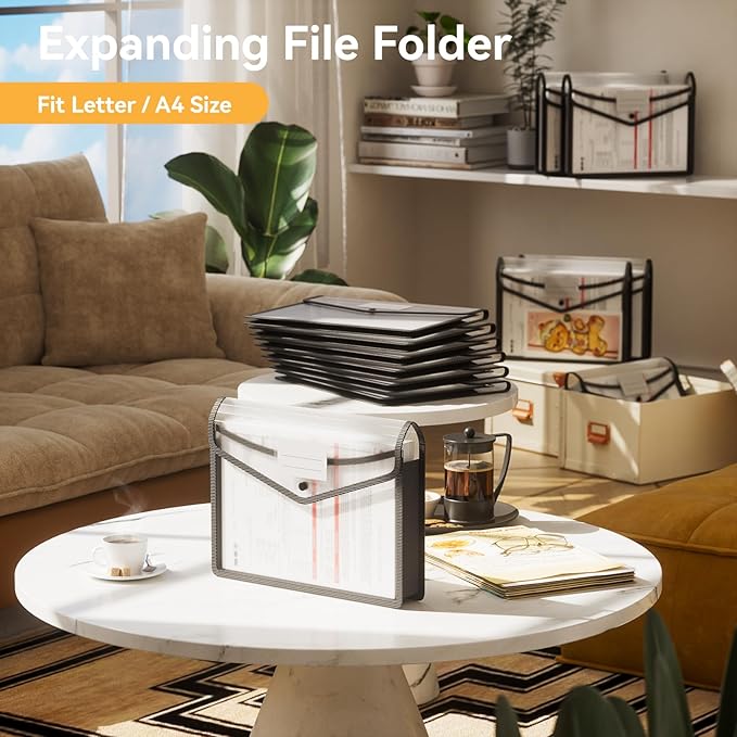 ABC life 6 Pack Plastic Expanding File Folder, Folders for Documents with Snap Closure, Black File Folder Organizer Holder, Transparent Accordion File Pouch,Large Capacity, Fit Letter/A4 Size
