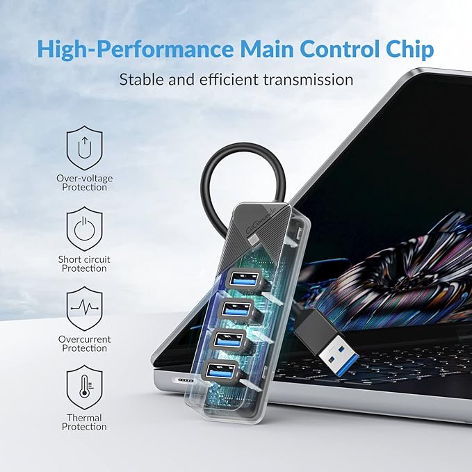 PG4U-U3 4-Port USB 3.0 Hub - 0.15M Cable, 5Gbps High-Speed Data Transfer, Multi USB Port Expander for Windows/Mac/Linux, USB Splitter for PC, Laptop, Mac/MacBook Air/Pro - Black