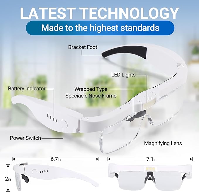YOCTOSUN Head Magnifier Glasses with 3 LED Lights and Detachable Lenses 0.75X, 1.25X,2.0X, 3.0X and 4.0X, USB Charging Eyeglasses Magnifier, Magnifying Glasses with Light for Close Work Hobby Crafts
