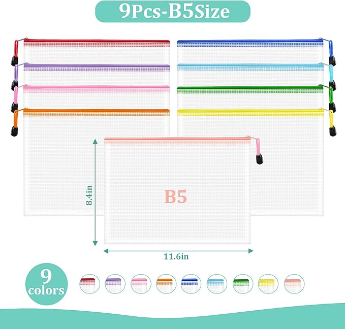 9pcs Mesh Zipper Pouch Bags, B5 Mesh Pouch, Plastic Zipper Pouches, 9 Colors for Organizing, Board Game Storage, Travel, School, Office