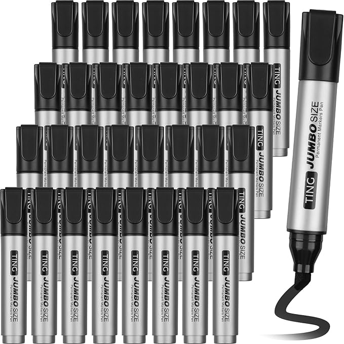Fuutreo 32 Pcs Jumbo Permanent Markers Bulk Large Chisel Tip Permanent Markers Waterproof Jumbo Pens Quick Drying Office Teacher Supplies(Black)