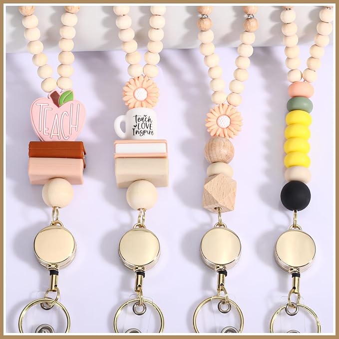 Teacher Lanyard with Id Holder, Retractable Lanyards for Id Badges Keys, Cute Natural Wooden Beaded Lanyard for Women
