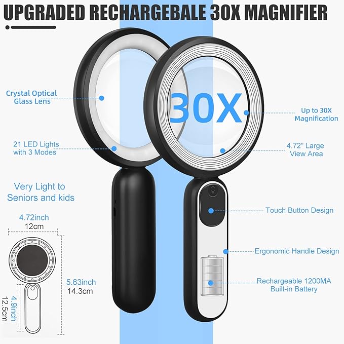 Rechargeable Magnifying Glass with Light, 30X 4.7IN Handheld Large Lightweight Lighted Magnify Len 21 LED 3 Modes Illuminated Book Magnifier forKids,Senior,Reading,Inspection,Coin,JewelryChristmasGift
