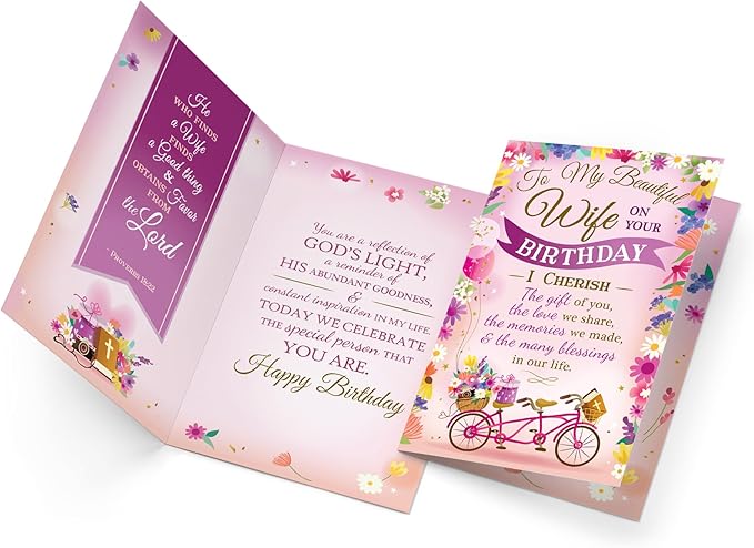 Prime Greetings Religious Birthday Card For Wife, Made in America, Eco-Friendly, Thick Card Stock with Premium Envelope 5in x 7.75in, Packaged in Protective Mailer