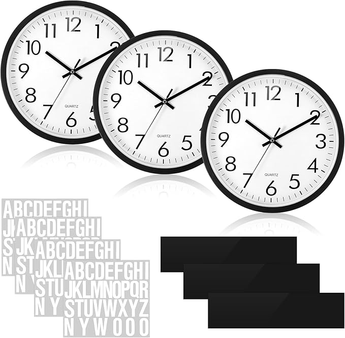 Sasylvia 3 Pcs 10 Inch Wall Clock Battery Operated Round Clock with 3 Pcs Black Acrylic Sheets 4 Sheets of Self Adhesive Vinyl Letter Stickers Alphabet Stickers for School Office Home