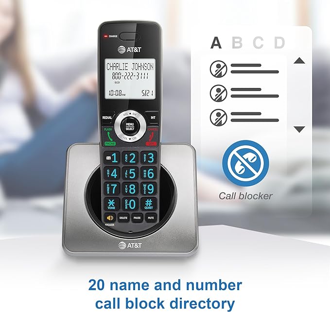 AT&T GL2101-2 DECT 6.0 2-Handset Cordless Home Phone with Call Block, Caller ID, Full-Duplex Handset Speakerphone, 2" White Backlit Display, Lighted Keypad (Graphite & Black)