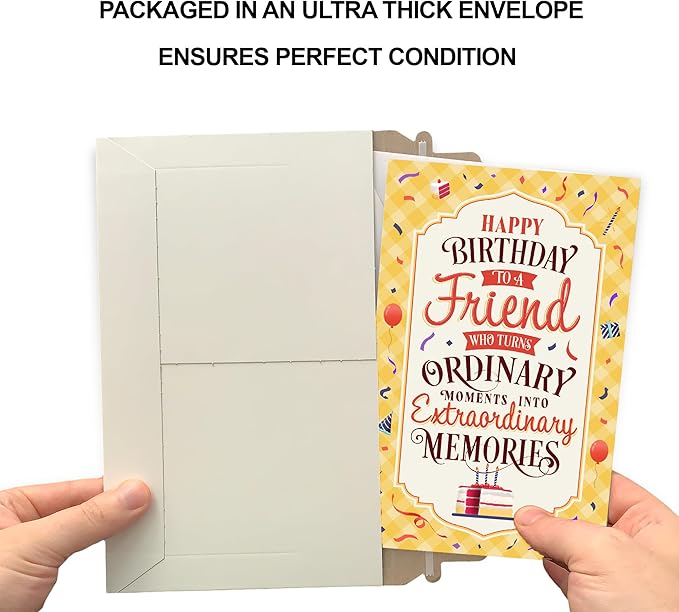 Prime Greetings Friend Birthday Card, Made in America, Eco-Friendly, Thick Card Stock with Premium Envelope 5in x 7.75in, Packaged in Protective Mailer