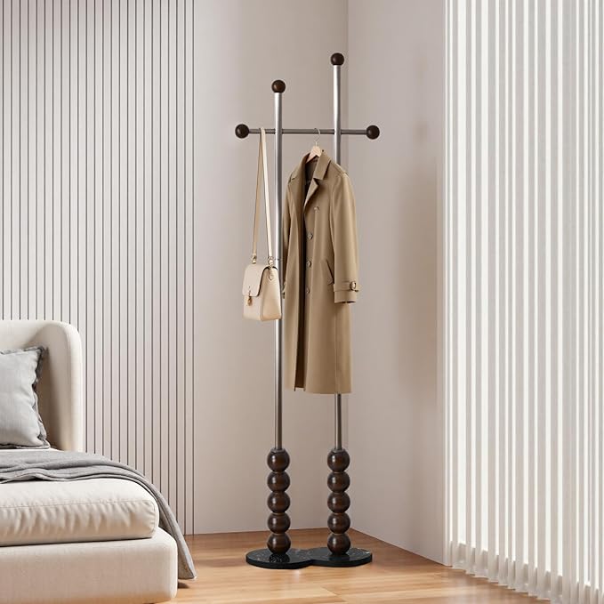 Metal Freestanding Coat Rack with Stainless Steel Double Rods & Marble Base, Hanging Clothes Rack for Entryway, Hallway, Bedroom, Living Room, Steel and Wood