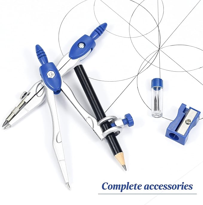 Math Geometry Kit Sets 10 Piece Student Supplies with Shatterproof Storage Box,Includes Rulers,Protractor,Compass,Eraser,Pencil Sharpener,Lead Refills,Pencil,for Drafting and Drawings（Navy blue）