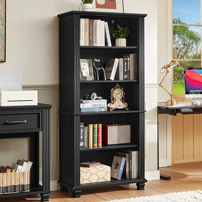 70" Tall Black Bookshelf,5 Tier Wooden Book Shelf with Adjustable Shelves & Wood Legs,Free Standing Farmhouse Bookcase with Open Display Storage,Vintage Bookshelves for Living Room,Office