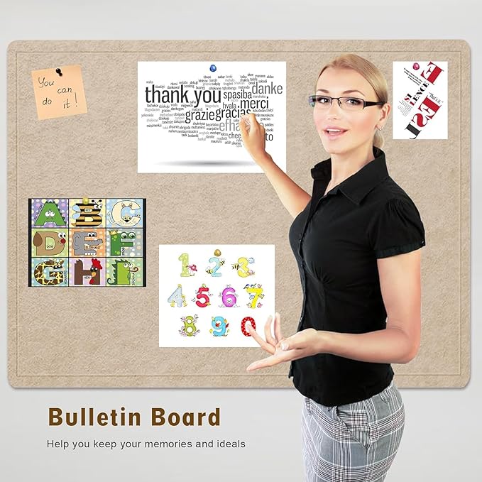 Large Bulletin Board, 48 X 36 inches Felt Board Notice Pin Board, 4' x 3'Cork Board Alternative for Wall, Self-Adhesive Vision Board Mood Board Foldable Photo Board with 30 Pushpin (Beige Brown)
