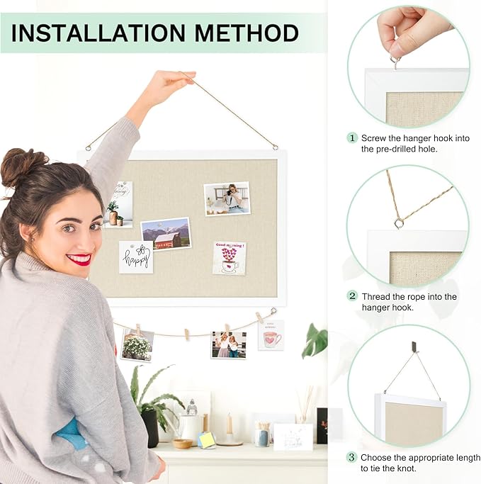 DOLLAR BOSS Cork Board Bulletin Board with Linen Double-Sided 36" x 24" Linen Corkboards for Walls Picture Display Vision Board for Office Home School Framed Picture Pin Board, 20 Pushpins 10 Clips