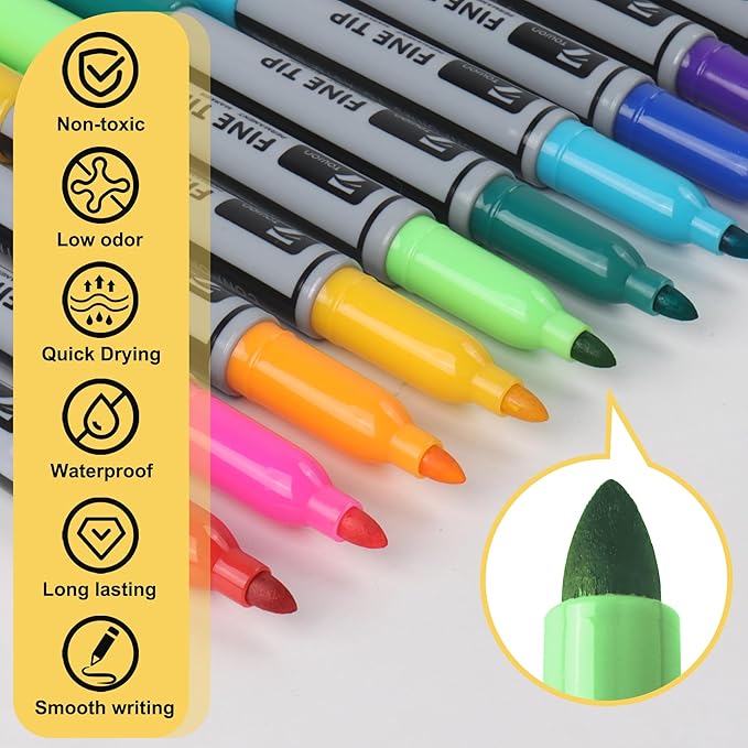 12 Permanent Markers - Assorted Colors Drawing Marker Pens Set, Waterproof Quick Drying Fine Tip Colored Artists Markers for Adults Coloring