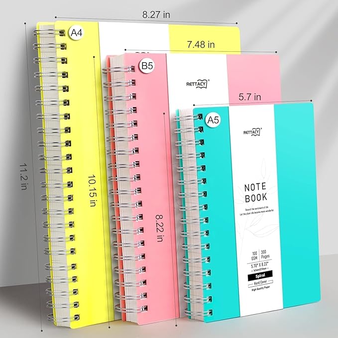 RETTACY Spiral College Ruled Notebook, 300 Pages, A4 Large Size (8.2" x 11.2"), for School, Work, Writing, Journaling, 100 GSM Thick Paper, Flexible Plastic Cover (Tiffani Blue)