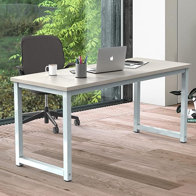 NSdirect Large Office Desk for Home Office, Large 63" Computer Desk Table, Wide Writing Study Desk for 2 Person, Metal Sturdy Frame Thicker Steel Legs, (White Oak, 63"L x 23.6"W x 29.5"H)