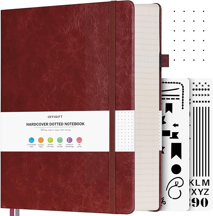 Bullet Dotted Journal, Large A4 Hardcover Leather Journal, 312 Numbered Pages Thick Journal, 100gsm No Bleed Paper Dot Grid Notebook for Women Men, 8.5'' × 11'', Burgundy