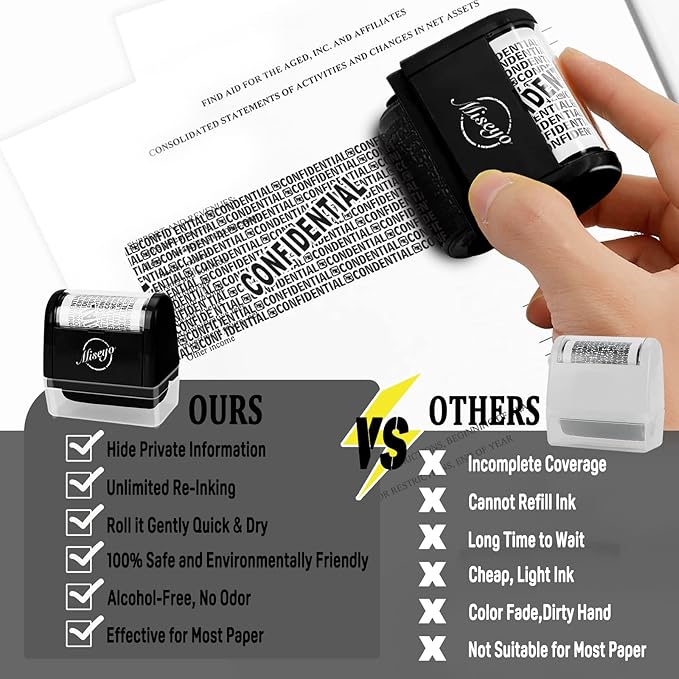 Miseyo Wide Roller Stamp Identity Theft Stamp 1.5 Inch Perfect for Privacy Protection - 3Pack Set (Black)