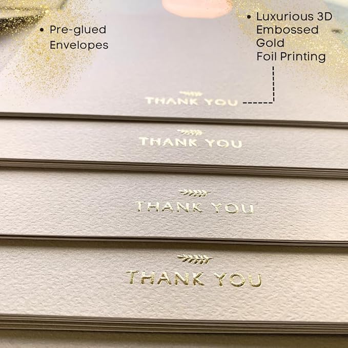 RUN2PRINT (36 Pack) Thank You Cards With Envelopes & Gift of 36 Foiled Stickers - Elegant Emboss Rose Gold Foil Pressed Blank Notes Wedding All Occasion Cards (Beige)