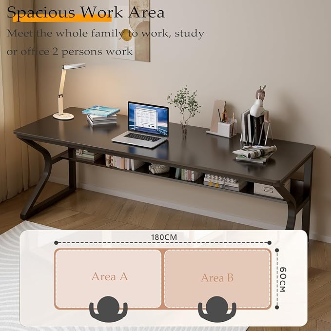 Extra Long Desk with Bookshelf - 71" Double Long Writing Table for 2-Person Workstation, Modern Study Work Computer Desk for Home and Office, Black