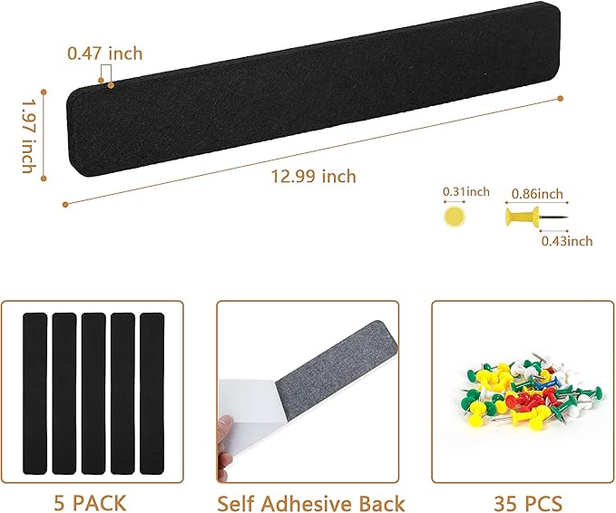 5 Pack Felt Pin Board Bar Strips Bulletin Board for Bedrooms Offices Home Wall Decoration, Notice Board Self Adhesive Cork Board with 35 Push Pins for Paste Notes, Photos, Schedules (Black)