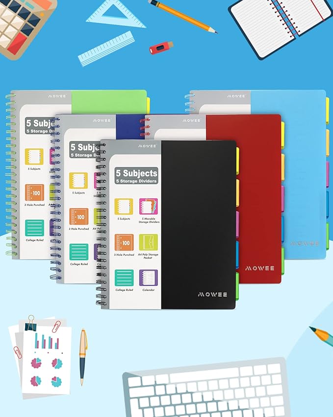 Spiral Notebook - 5 Subject Notebook, College Ruled Notebook With Dividers Pocket, Tabs Label, 11" Ruler, 200 Pages, for Writing Journal, Home & Office, School Supplies, 8.5''x11''Black