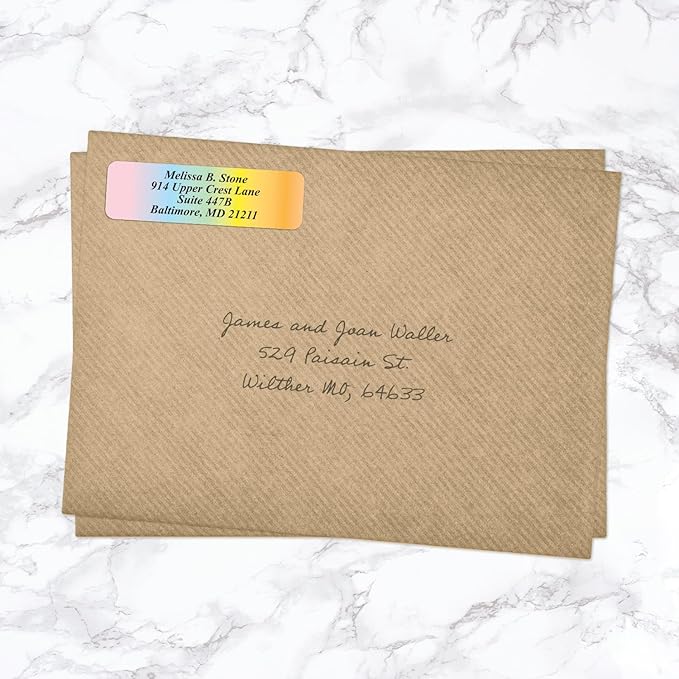 Cascading Rainbow Medley Personalized Return Address Labels with Elegant Plastic Dispenser - Roll of 500 Custom Stickers