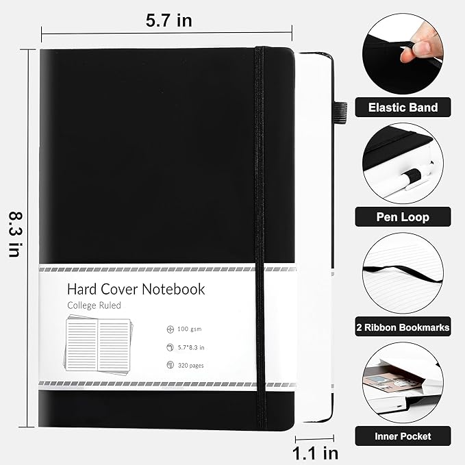 CAGIE Journal Notebook for Men Women 320 Pages Journaling Notebooks Leather Journals for Writing Hardcover for Work Diary Lined A5, Black