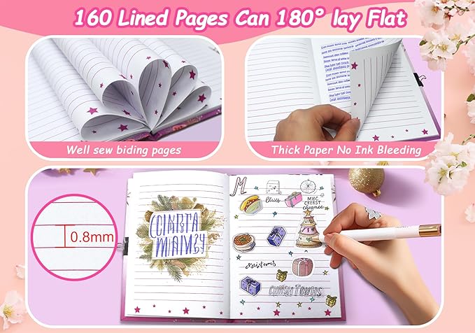 Girls Diary with Lock for Kids, 7x5.25 Inches 160 Lined Pages Secret Pink Butterfly Notebook for Girls Journal with Lock for Kids Pre School Writing Drawing Cute Girls Gifts for Birthday