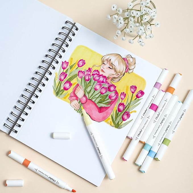 Ohuhu Markers for Adult Coloring Books No bleeding 64 Colors Water-based Coloring Markers Dual Tips Chisel & Brush Drawing Pens Art Markers for Kids Adults Beginners Lettering Journaling