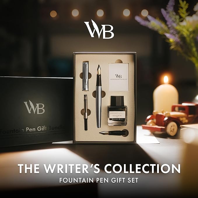 Wordsworth & Black Fountain Pen Set,18K Gilded Medium and Extra Fine Nib,25ML Black Ink Bottle,6 Ink Cartridges,Refill Converter,Gift Box,Smooth Writing Pen [Silver Chrome],Gift Set for Men and Women