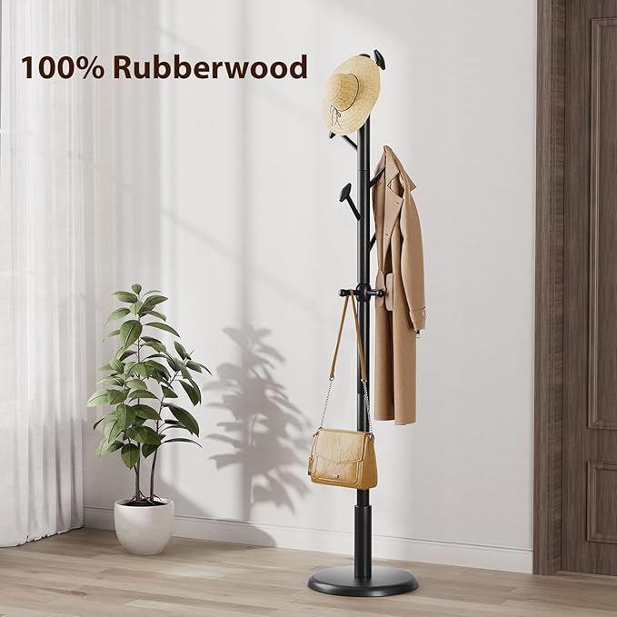 Solid Wood Coat Rack Freestanding Coat Tree with 10 Hooks for Bedroom, Livingroom, Entryway, Sturdy Coat Hanger Stand for Hats, Coats, Scarves, Handbags, Purses